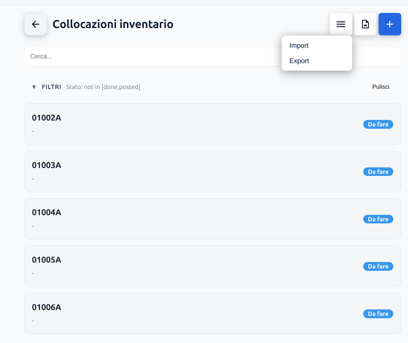 Schermata delle collocazioni inventario in Aptagram WMS, con i singoli task di conteggio per bin inclusi nello scope