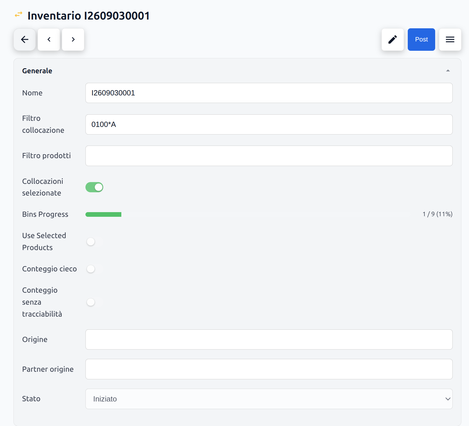 Schermata di impostazione inventario in Aptagram WMS, con barra di avanzamento bin in tempo reale accanto ai filtri di collocazione e prodotto